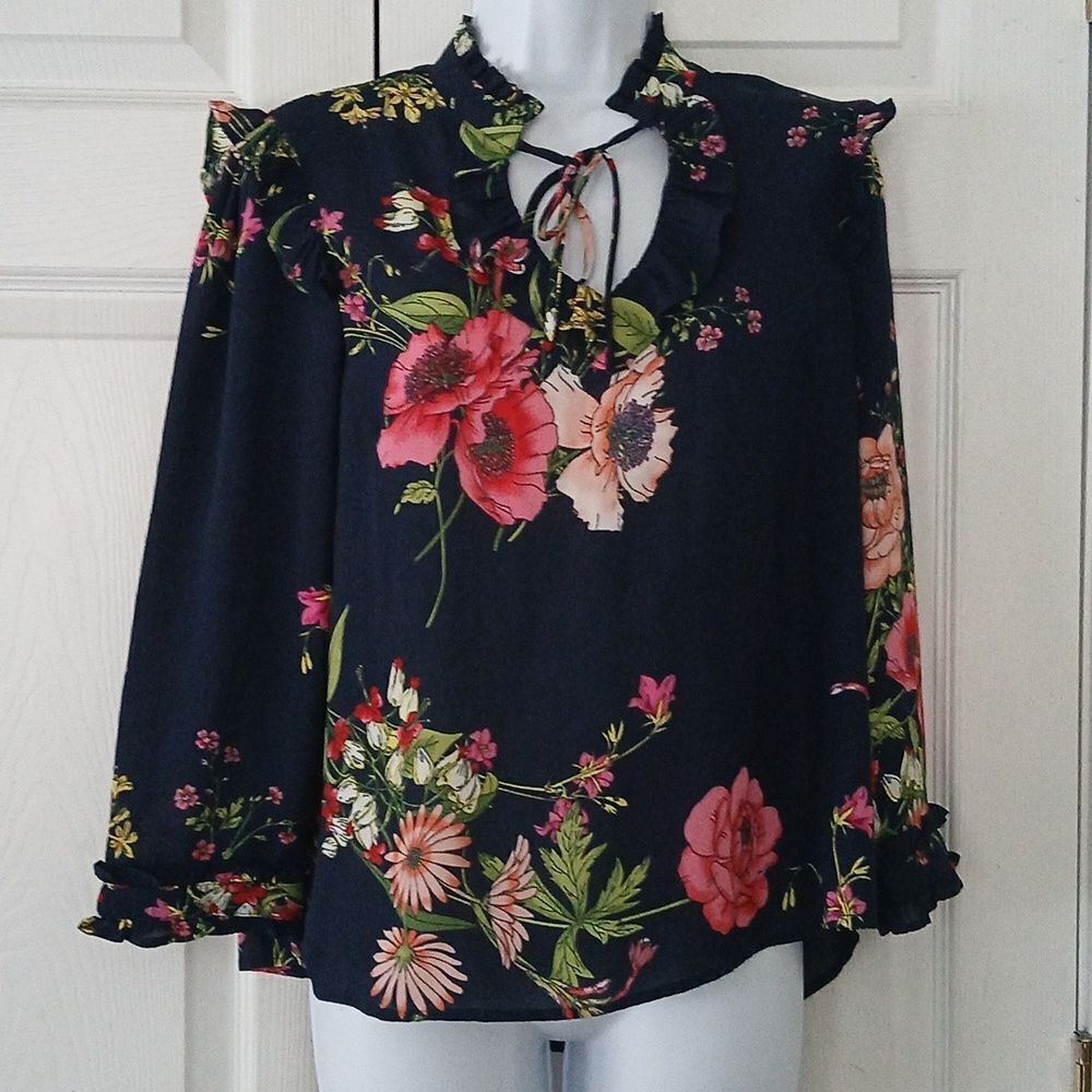 Lily White navy blue floral print 3/4 length sleeve blouse Sz S NWOT